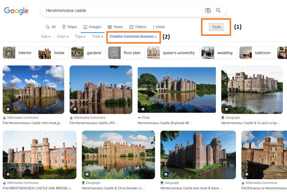 screenshot of Google Images showing Creative Commons filter